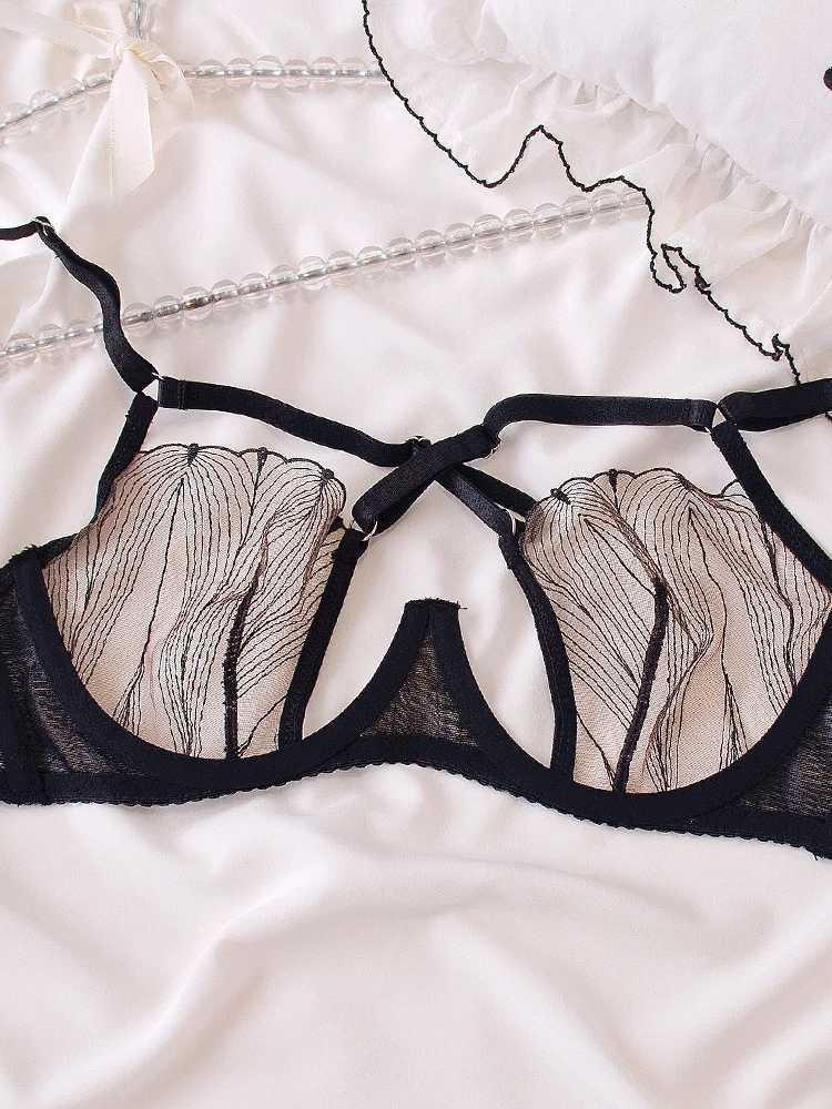 Cross Mesh Eyelash Lingerie Women Lace Steel Bra Hollow Out Underwear Set Deep V Push Up Bras underpant setXJ241205