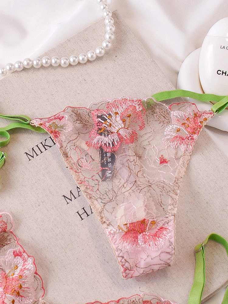 Mesh embroidery sexy underwear steel ring bra thin lingerie set women push up bras with pants suitXJ241205