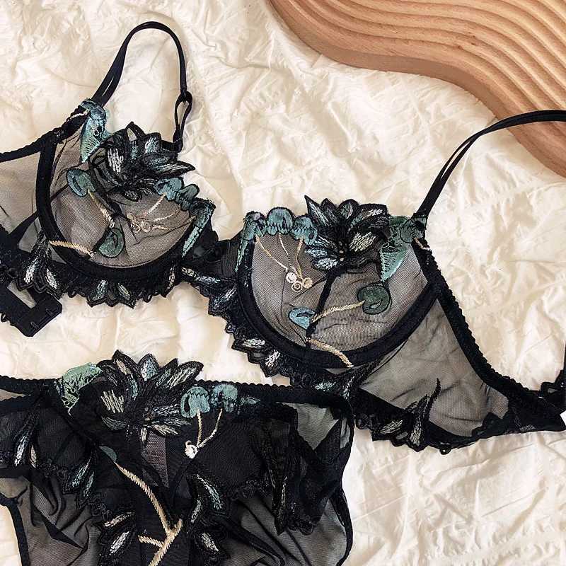 Sexy cherry embroidered lace transparent lingerie steel ring ultra-thin underwear mesh gauze bra briefs setXJ241205