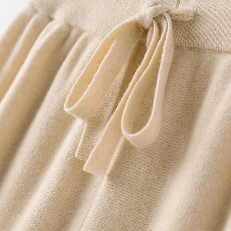 Womens straight leg wool pants with elastic waistband solid color Snd loose casual pants 100% Merino wool pure cotton knitted pants 241202