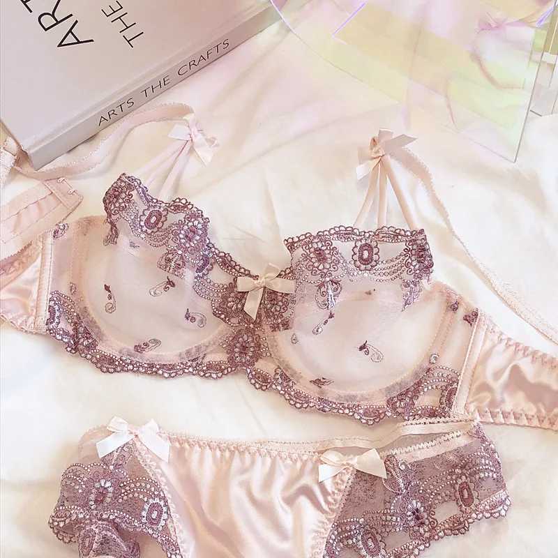 Sexy cherry embroidered lace transparent lingerie steel ring ultra-thin underwear mesh gauze bra briefs setXJ241205