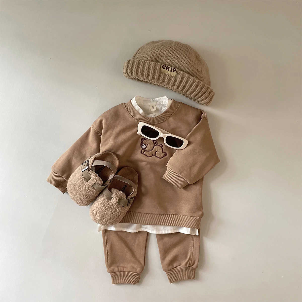 2PCS Autumn Newborn Baby Clothes Boys Girls Long Sleeve Pullover+Pants Little Bear Embroidery Sweatshirt Casual Set Infant SuitXJ241205