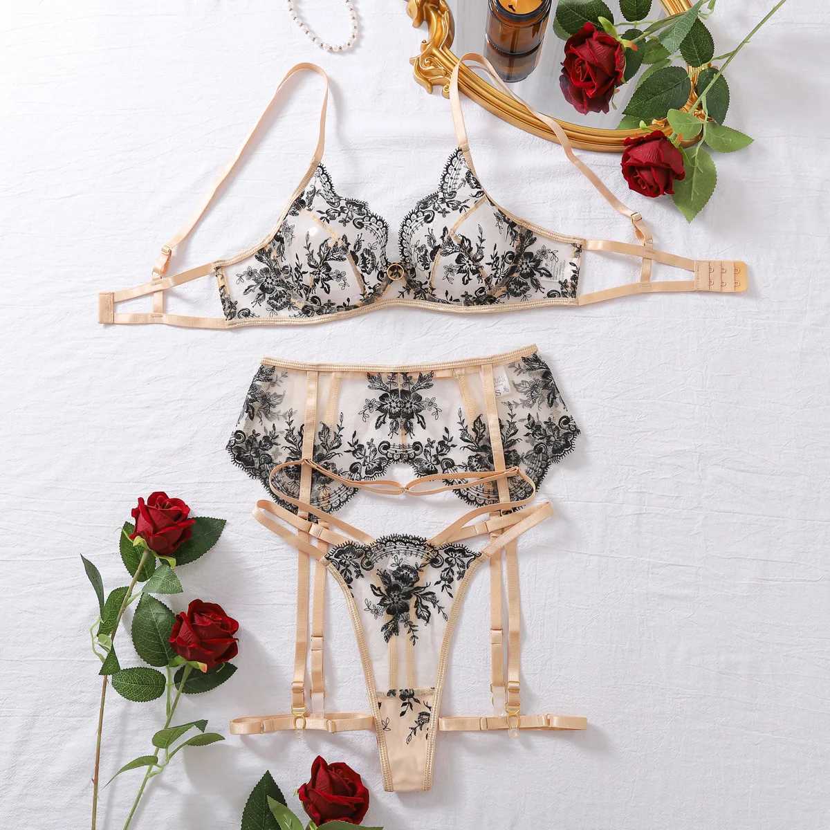 Bra + Panties + Garter +Thigh Circumference Ultrathin Transparent Women Sexy Underwear Lace Embroidery Push Up Lingerie SetsXJ241205