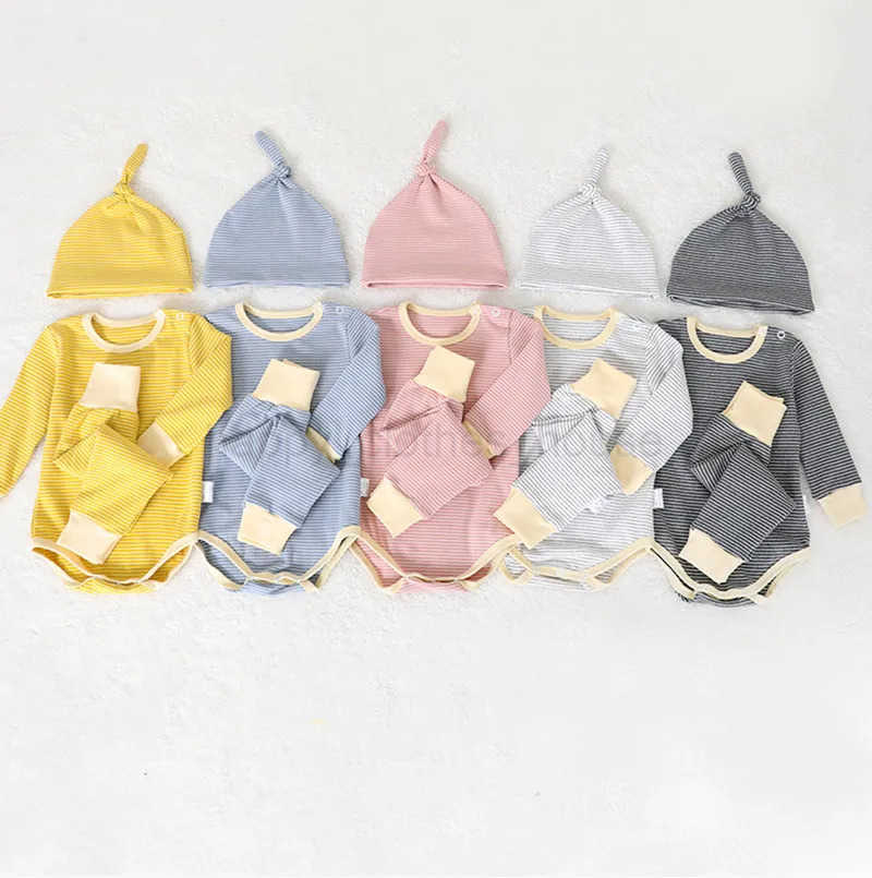 3Pcs Newborn Infant Clothes Sets Cotton Stripe Long Sleeve Bodysuit + Pant + Hat Baby ClothingXJ241205