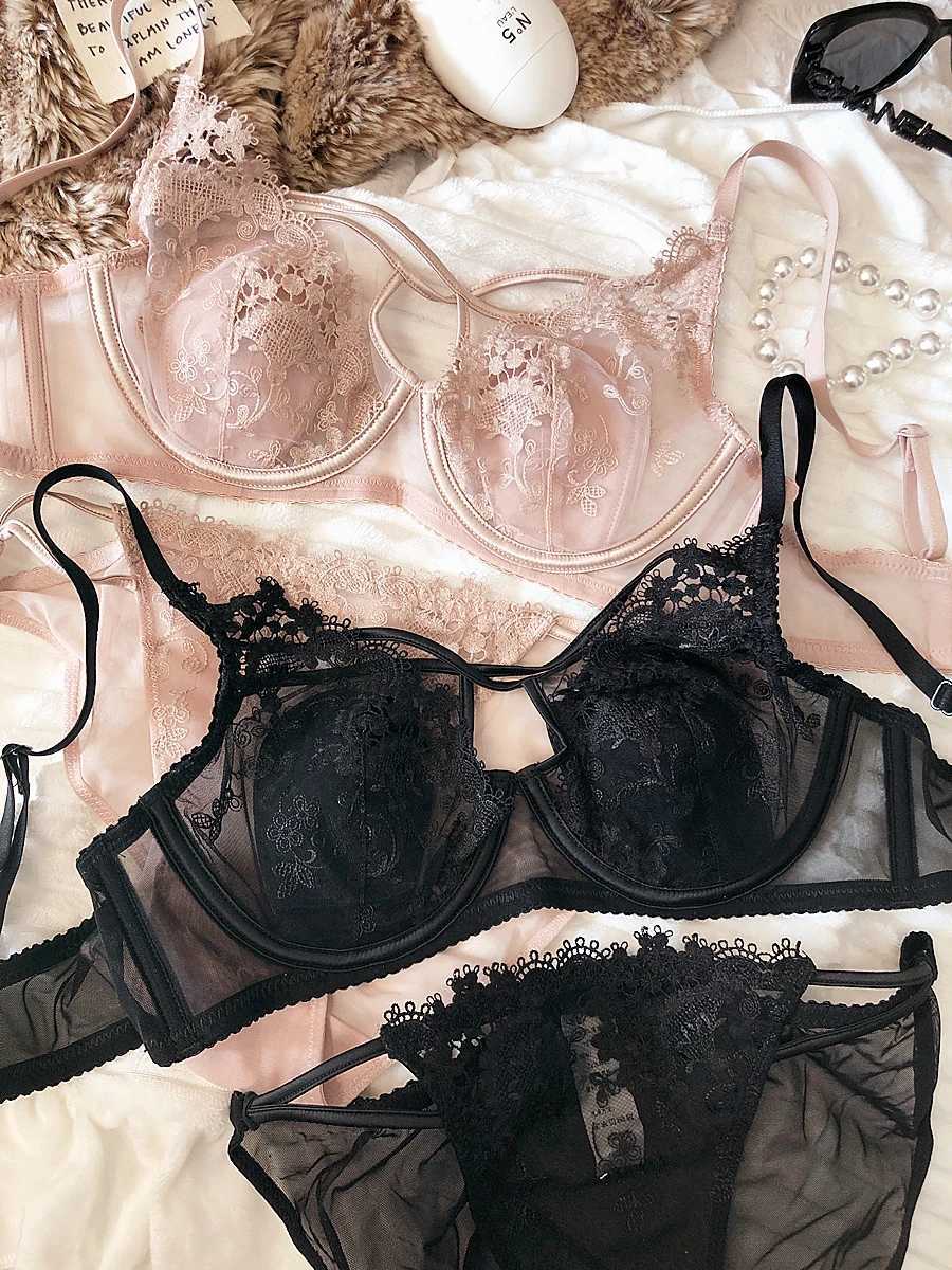 Sexy Hollow Women Underwear Lace Floral Embroidery French Ultra Thin Cup Push Up Bra Set Adjustable Strap Brassiere Panties SetsXJ241205