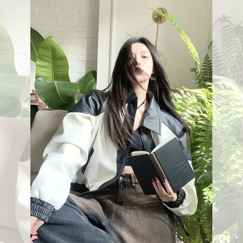 Women's Vintage Black White Contrast Splice Leather Jacket Female Spring Autumn Fashion Loose Design Long Sleeve Coat