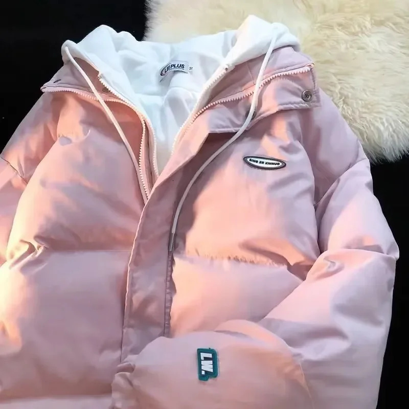 Ins Japan Casual Cotton Coat Loose Collar Pink Winter Zipper Jacket Harajuku Fashion Thick Bread Down Jacket 241202