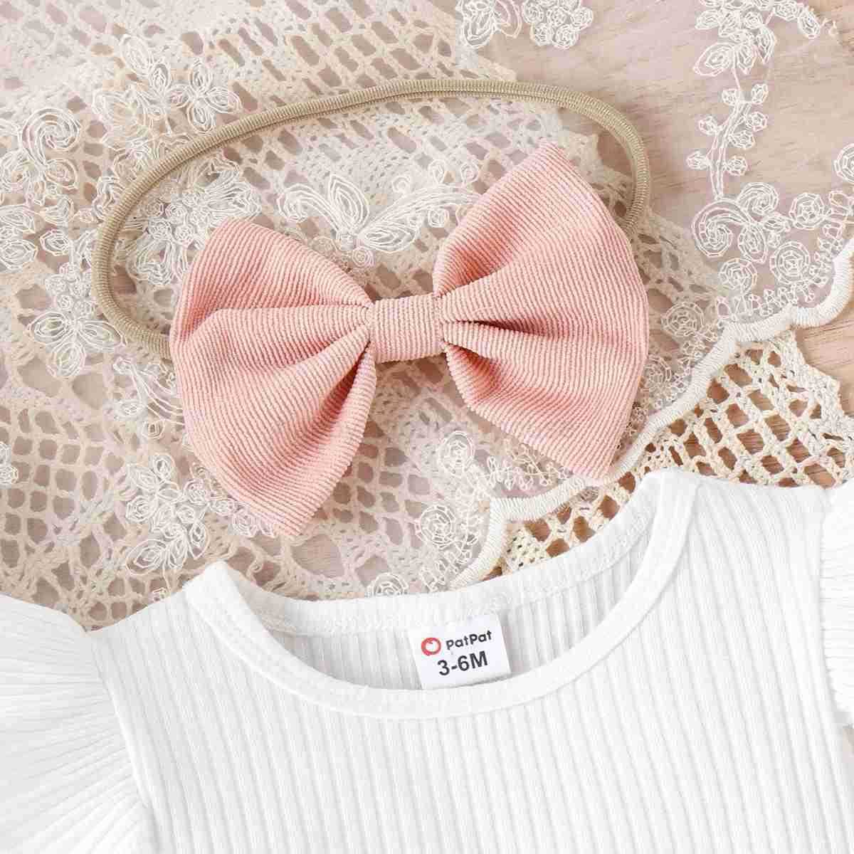 3pcs Baby Girl 95% Cotton Ribbed Ruffle Long-sleeve Top and Bow Front Skirt Headband Set Basic Sle ComfortableXJ241205