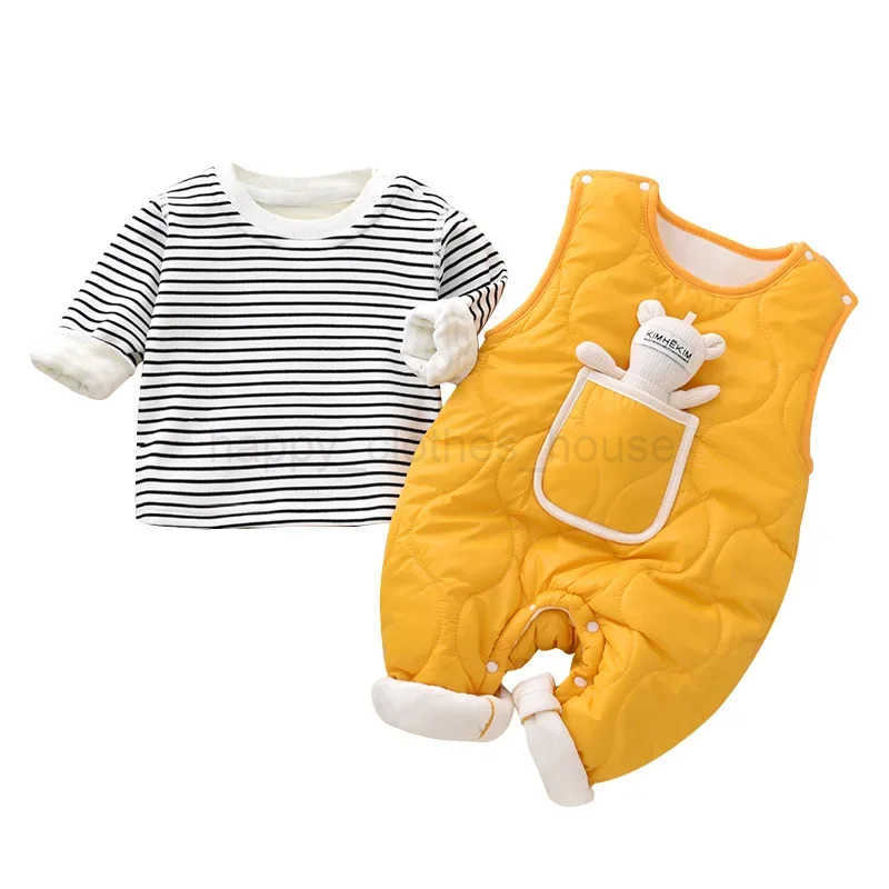 Autumn Winter Baby Boy Girl Rompers Newborn Plush Thick Cotton Set Warm Striped Top+Jumpsuit with Doll 2pcs Casual Baby ClothesXJ241205