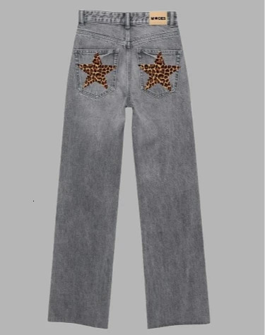 Y2K Jeans Womens Harajuku Retro Leopard Print Star Graphic Patch Trousers Gothic Slim High Waist Straight Light Blue Pants 241204