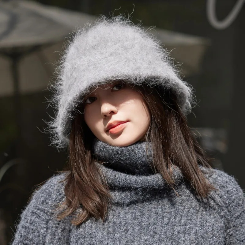 womens winter alpaca fur bucket hat fluffy solid color Versatile basin hat plush warm fisherman hat fur Panama sun hat 241205
