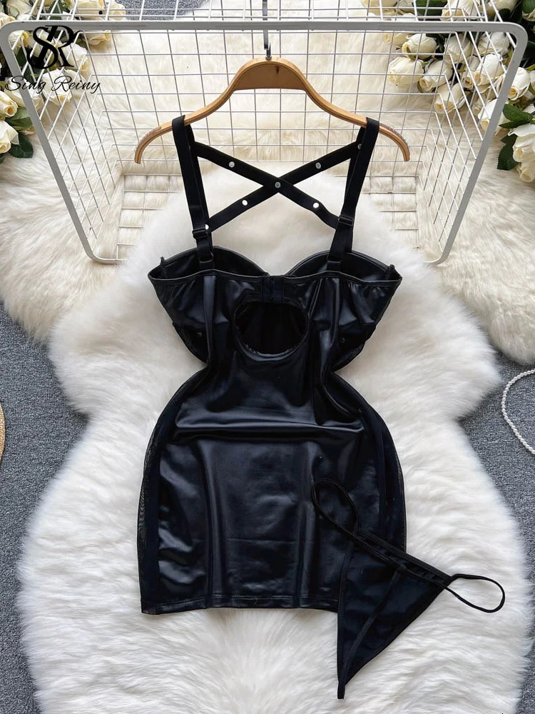 SINGREINY Party Camis Women Sexy Pajamas Dress Hollow Out Backless Bodycon Night Dress Streetwear Club Leather Erotic Nightwear 241205