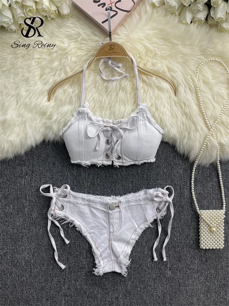 SINGREINY Retro Women Bikini Denim Suits Summer Halter Camis Mini Pant Lingerie Fashion Vacation Swimsuits Sexy Bra Briefs Sets 241205