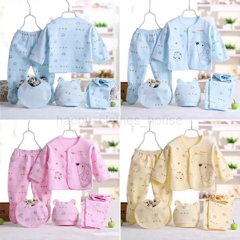 5pcs/set Newborn Baby Suit Set Top 2 Pants Hat Bibs 0-3 M Clothing Set Boy Girl Clothes Pure Cotton Breathable UnderwearXJ241205