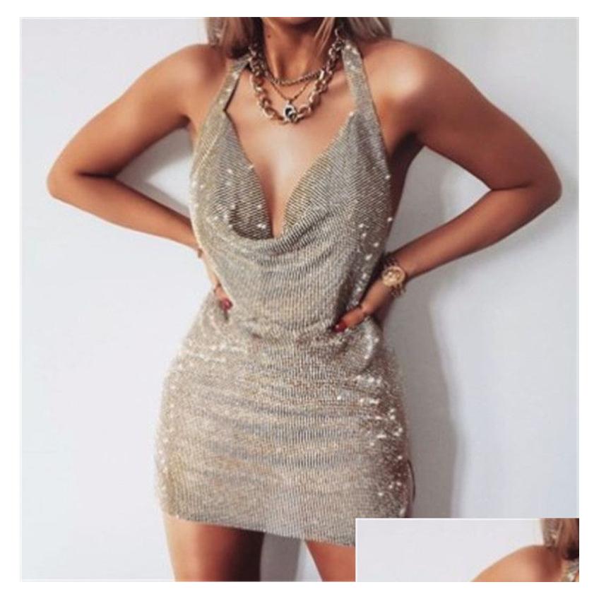 Basic Y Deep V Neck Crystal Dress Women Rhie Halter Dance Party Diamante Backless Split Mini B3 Drop Delivery Apparel WomenS Cloth Otoa9