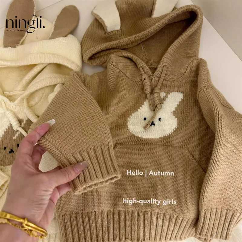 Autumn Childrens Girls Sweater Cotton Knitted Hoodie Rabbit Jacquard Elastic Childrens Girls Hoodie Childrens Knitted W241205