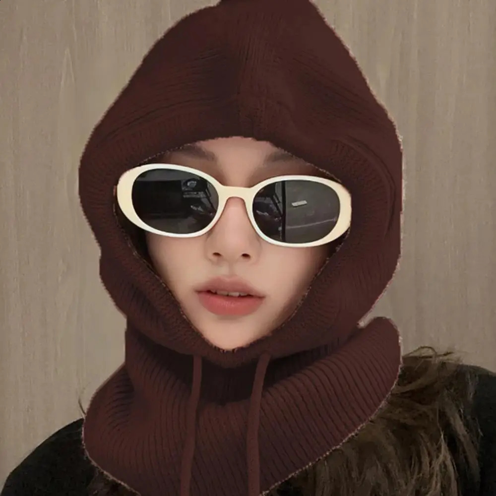 Neutral adjustable elastic Balaclava hat warm ring scarf Beanie hat womens windproof hooded collar knitted hat 241205