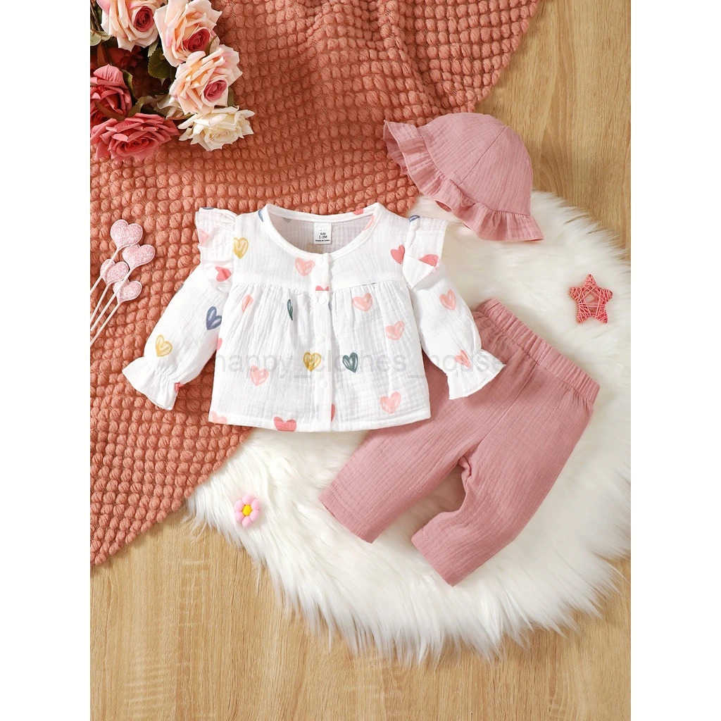 0-9 Months Baby Girl Clothing Set Love Printed Long Sleeve Round Neck Top+Pink Pants+Hat 3pcs Spring Autumn Lovely Clothing SetXJ241205