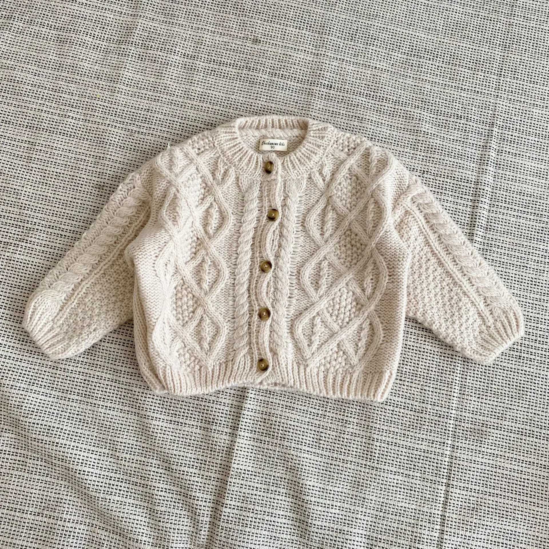 8777 Korean childrens sweater cardigan wool sweater autumn and winter baby fur linen retro cardigan wool sweater W241205