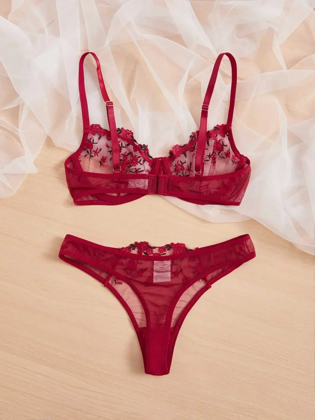 Sexy Womens Underwear Fancy Lingerie Fine Bra and Panty Set Wine Red Intimate Lace Transparent Fairy Outfit 2023 Lingerie SetXJ241205