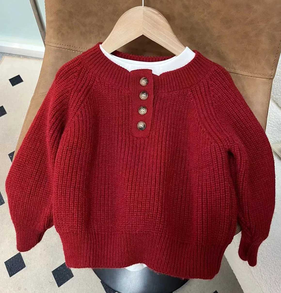 2024 Autumn Winter Sweater New Childrens Red Childrens 0-neck Korean Long sleeved Knitted Solid Color Top W241205
