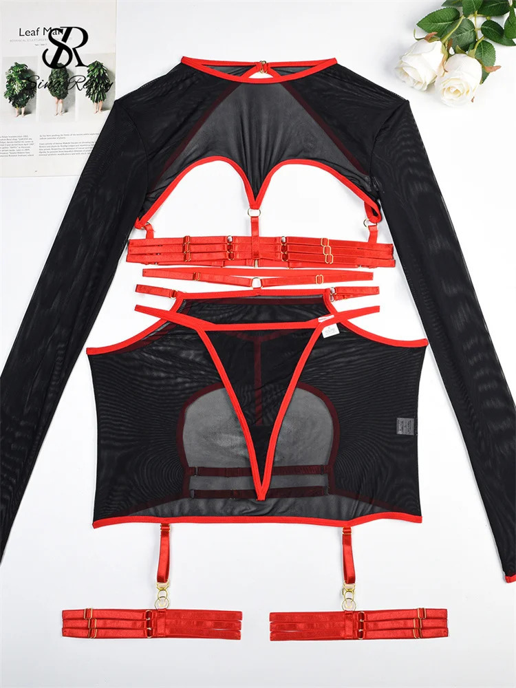 SINGREINY Erotic Sheer Sexuality Underwear Set Hollow Out Bandage Slim Women Shapewear Club Long Sleeve Lingerie 5 Pieces Suits 241205