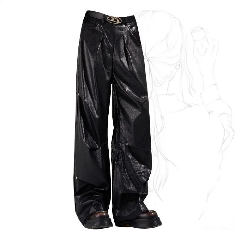 Trendy Autumn American Retro Oversize Leather Pants for Women Loose and Slim with Wrinkle n Straight Leg Wide 241205