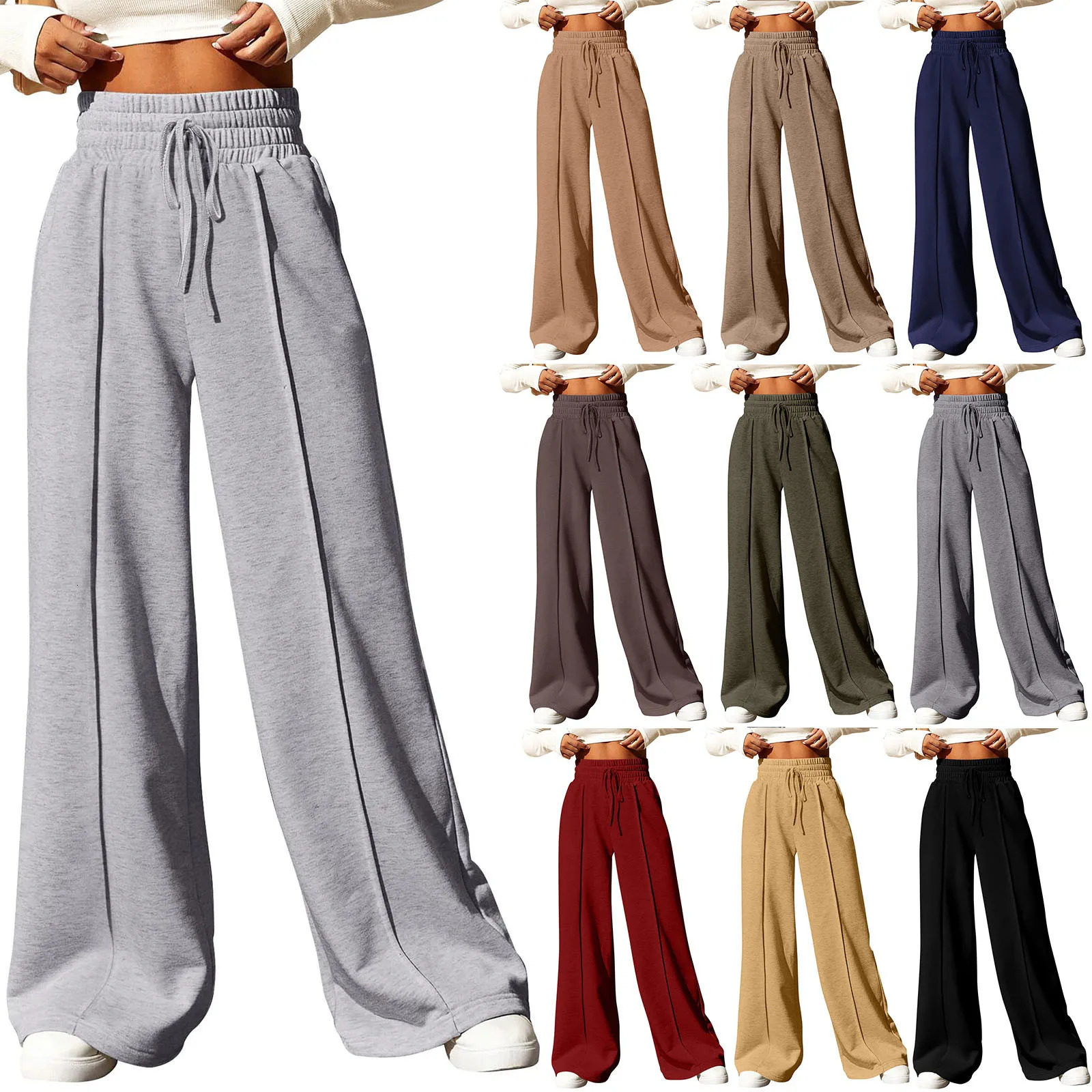 Womens wide leg pants wool lined sports pants straight pants all math pure fitness jogging pants travel basic pants 241202