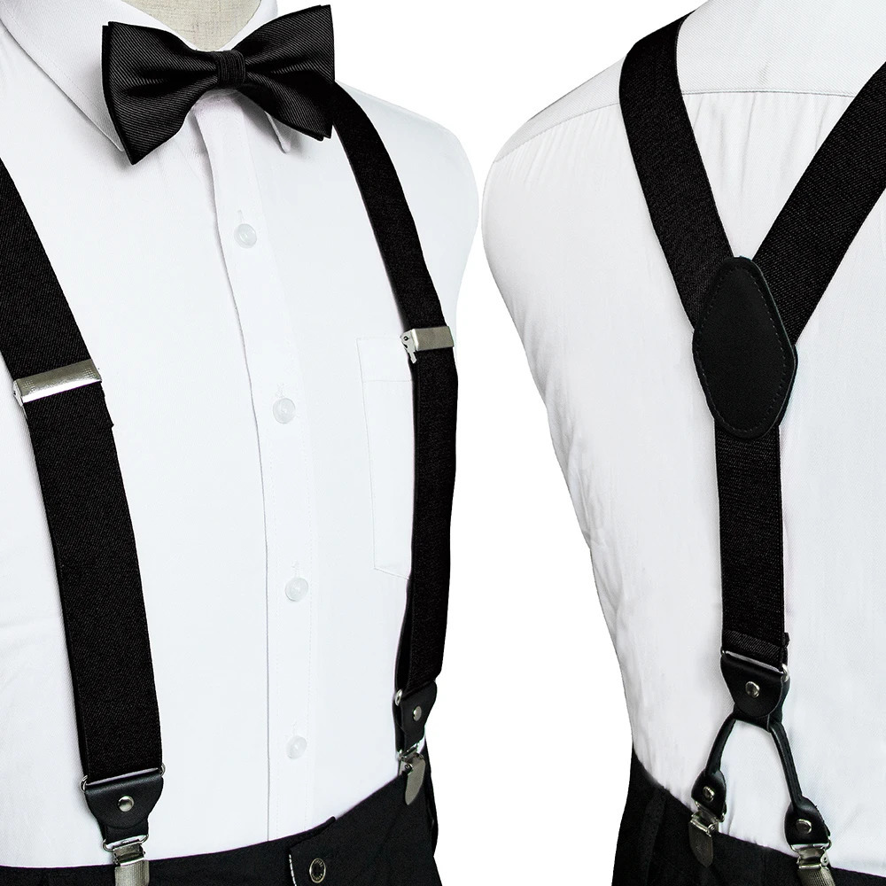 Fashion Suspenders Men Elastic Band Bowtie Set Leather 6 Clips Brace Male Vintage Casual Wedding Party Husbands Gift 241122