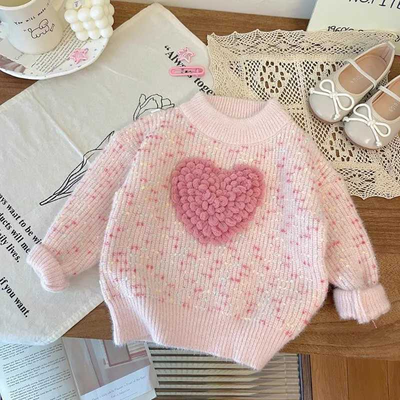 Childrens winter thick heart sweater cute girls Christmas sweater fashionable childrens casual clothing Su teres Para Ni os W241205