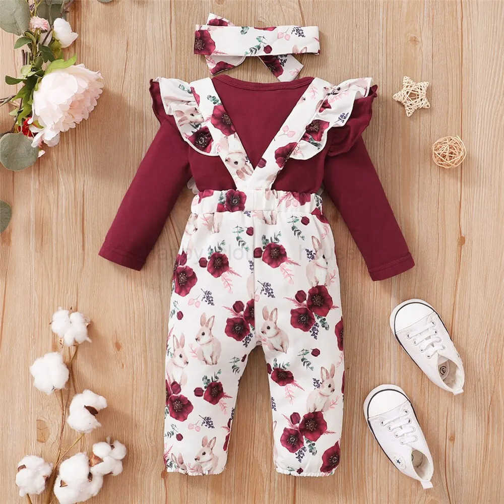 0-24 Months Newborn Baby Girl 3PCS Clothes Set Long Sleeve Romper+Flower Strap Pants+Headband Spring Autumn Lovely OutfitXJ241205