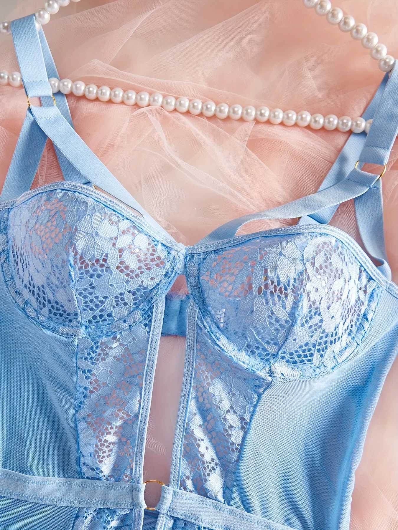 Hot Solid Contrast Lace Teddy Hollow Out Lettuce Trim Garter Belt Strappy Thong Bodysuit Womens Sexy Lingerie UnderwearXJ241205