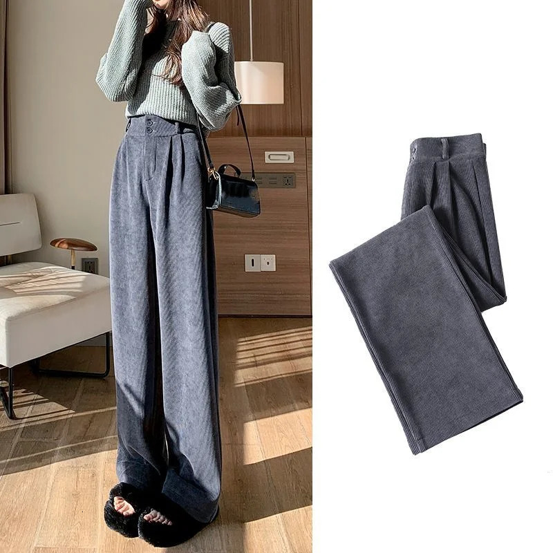 Ins Trendy Women Korean High Street Wide Leg Trouser Autumn/Winter Thick Warm Womens Pants Fashion Corduroy Loose Button Trouser 241202