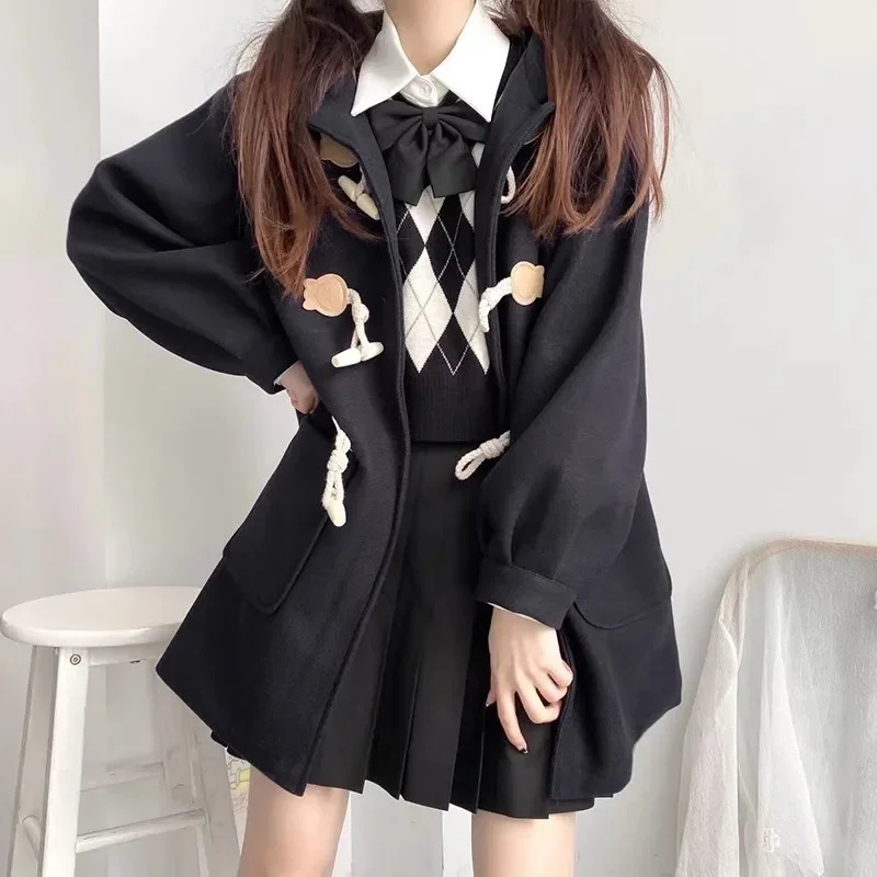 Autumn Winter Hooded Womens Woolen Coat Medium Length Plaid Style With Button Japanese Style College Style For Short People 241204