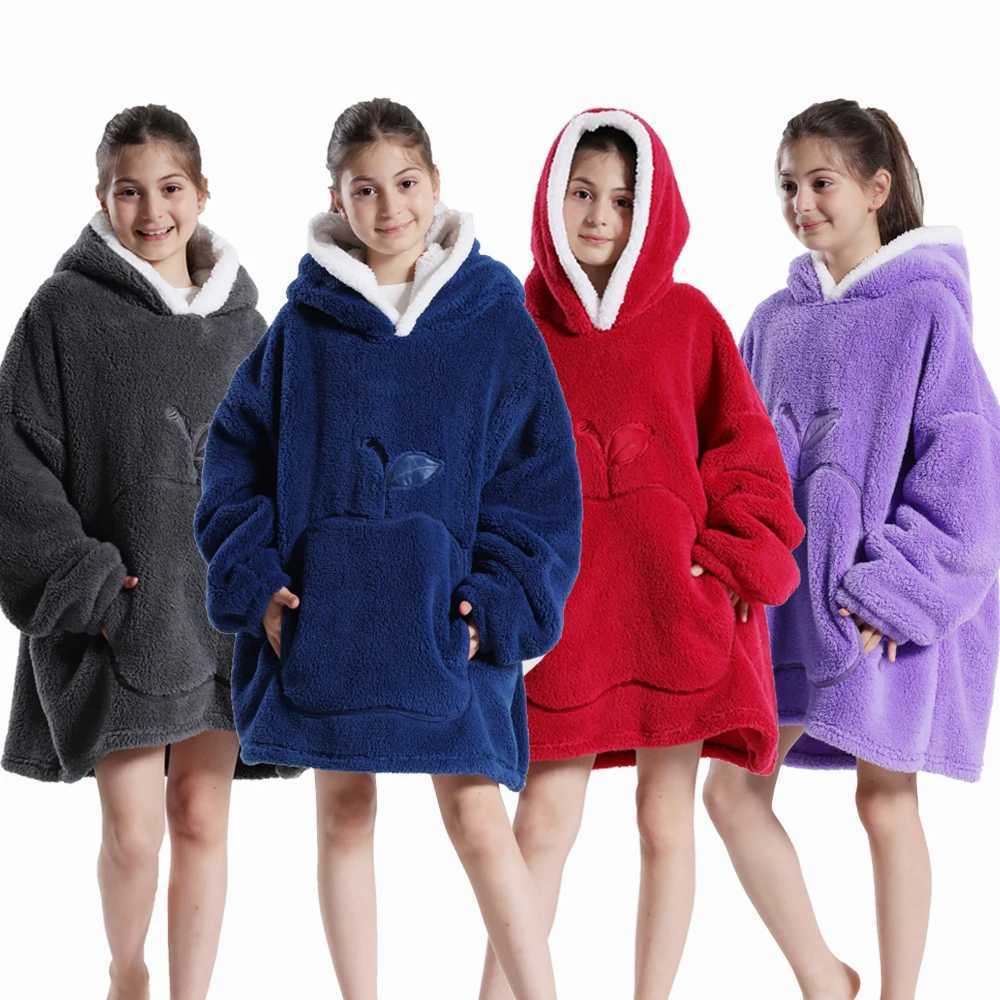 Pajamas Winter Kids Clothes Girl Hoodies Oversized Sherpa Blankets with Sleeves Boys Solid Flannel Sweatshirts Warm Soft Children Coats H241205