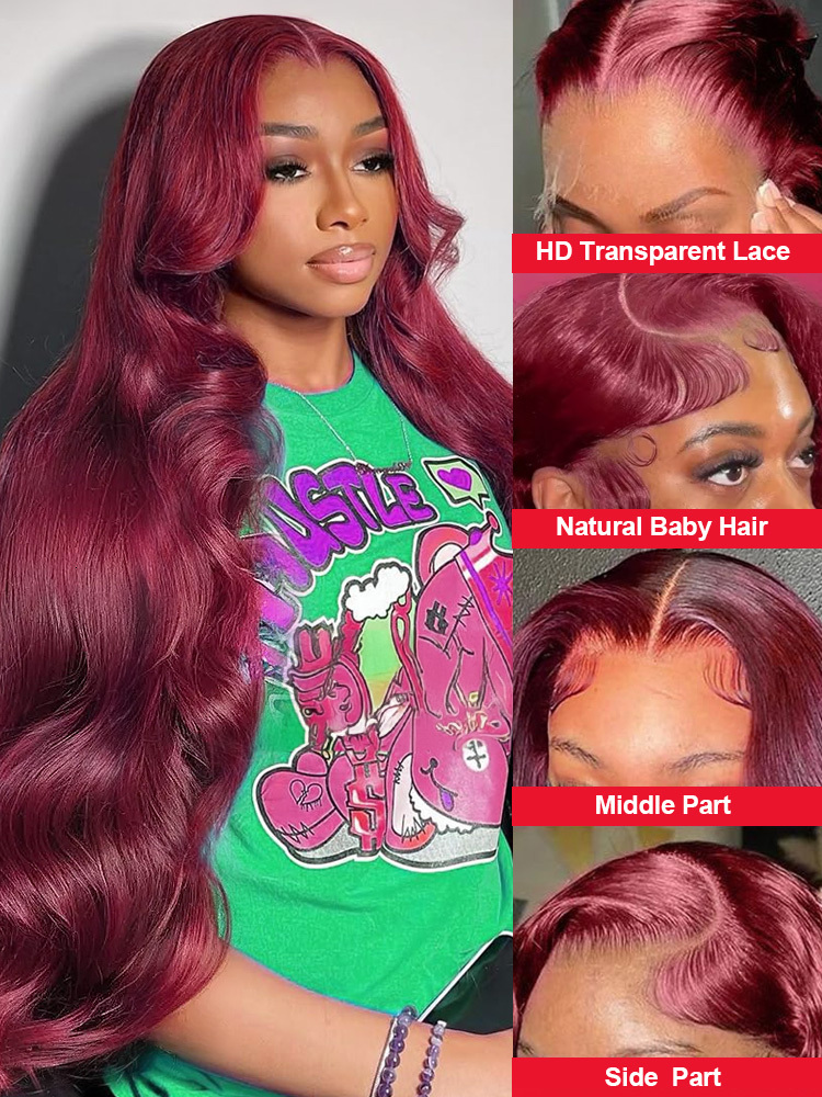 99J Bury 200 Density Body Wave 13X4 Front Wig 13X6 Human Hair HD 32 34 Inch Lace Frontal Wig Red Wine Colored Brazilian