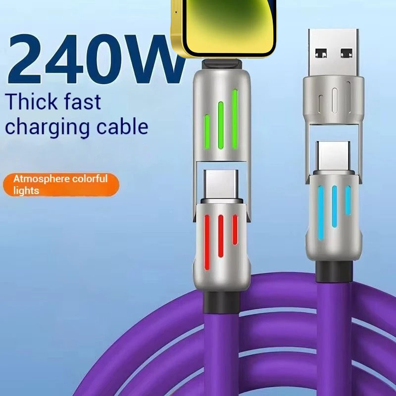 4-In-1 Super Fast Charging Cable with Colorful Breathing Light Type-C Silicone Mobile Phone Data Cable
