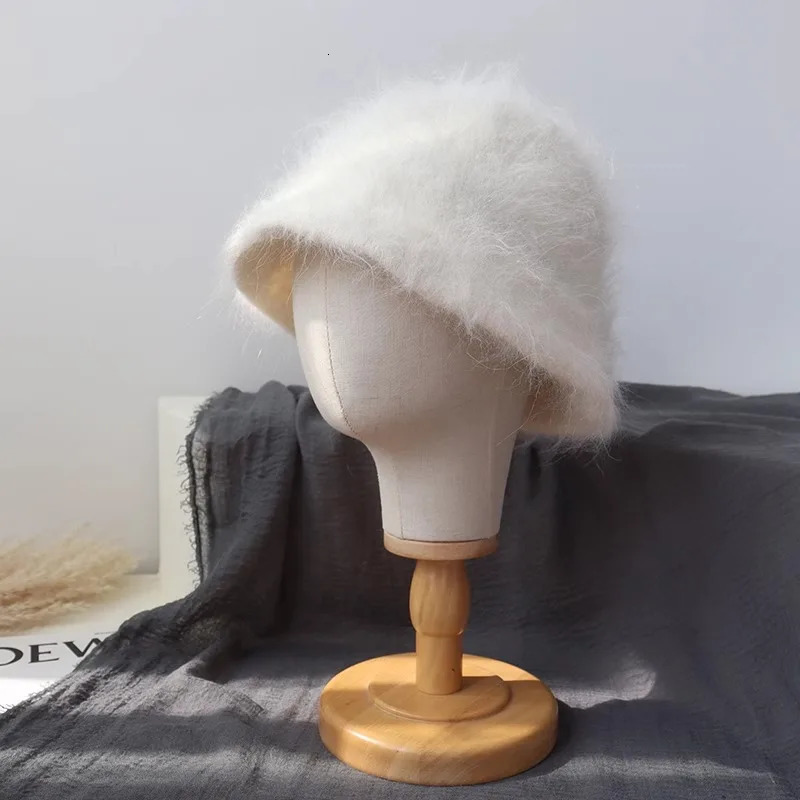 womens winter alpaca fur bucket hat fluffy solid color Versatile basin hat plush warm fisherman hat fur Panama sun hat 241205