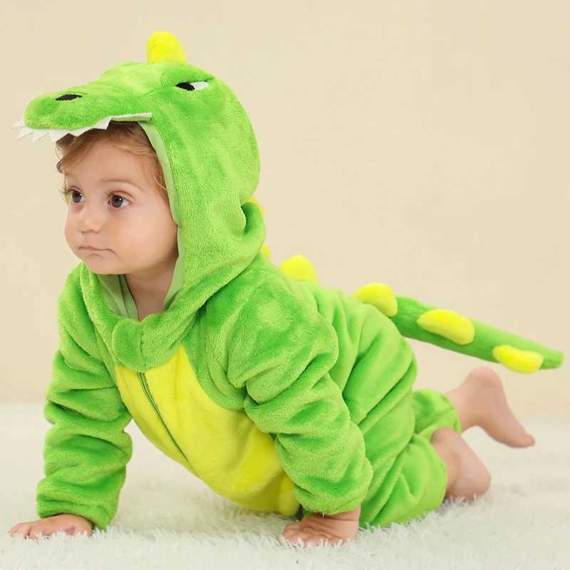 Pajamas Halloween Dinosaur Baby Romper Winter Flannel Toddler Infant Clothes Hooded Overalls Bodysuit Jumpsuit Kigurumi Costume For Kids H241205