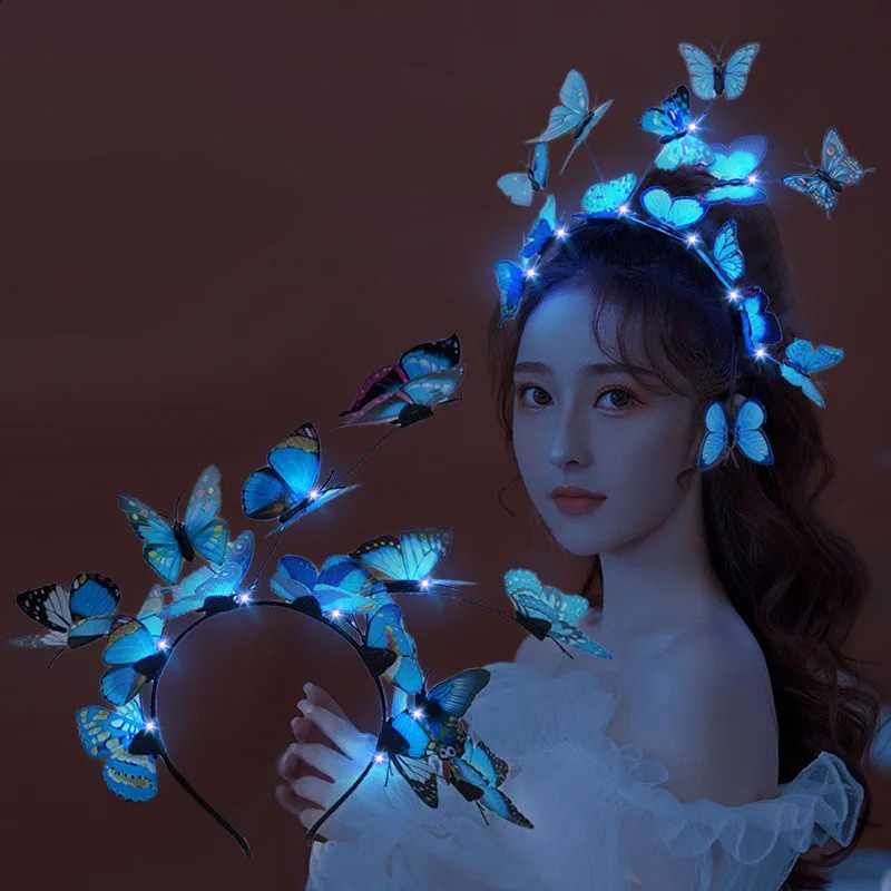 Butterfly Fascinator Headband Glowing LED Light up Bohemian Hair Band Hoops Colorful Headpiece for Party Wedding Christmas 241122