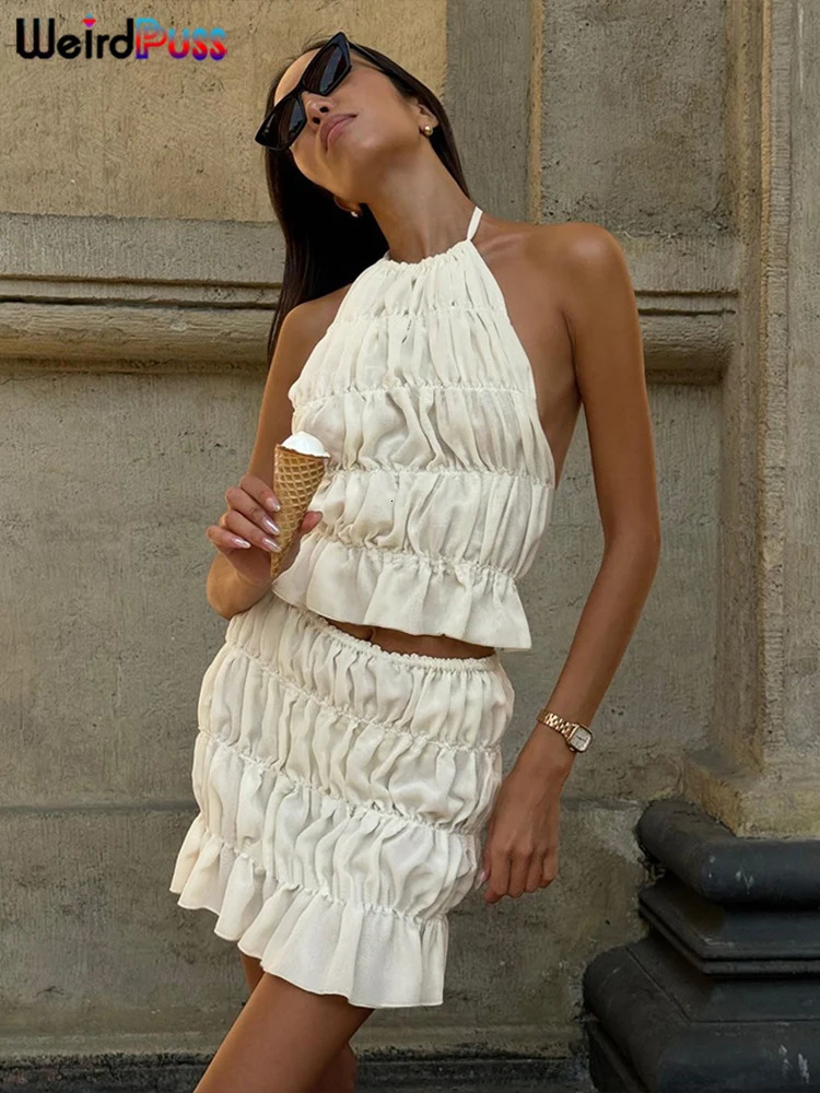 Weird Puss Ruched Sexy 2 Piece Set Women Y2K Thin Vacation Beach Style Backless CamisoleMini Skirts Midnight Clubwear Outfits 241204