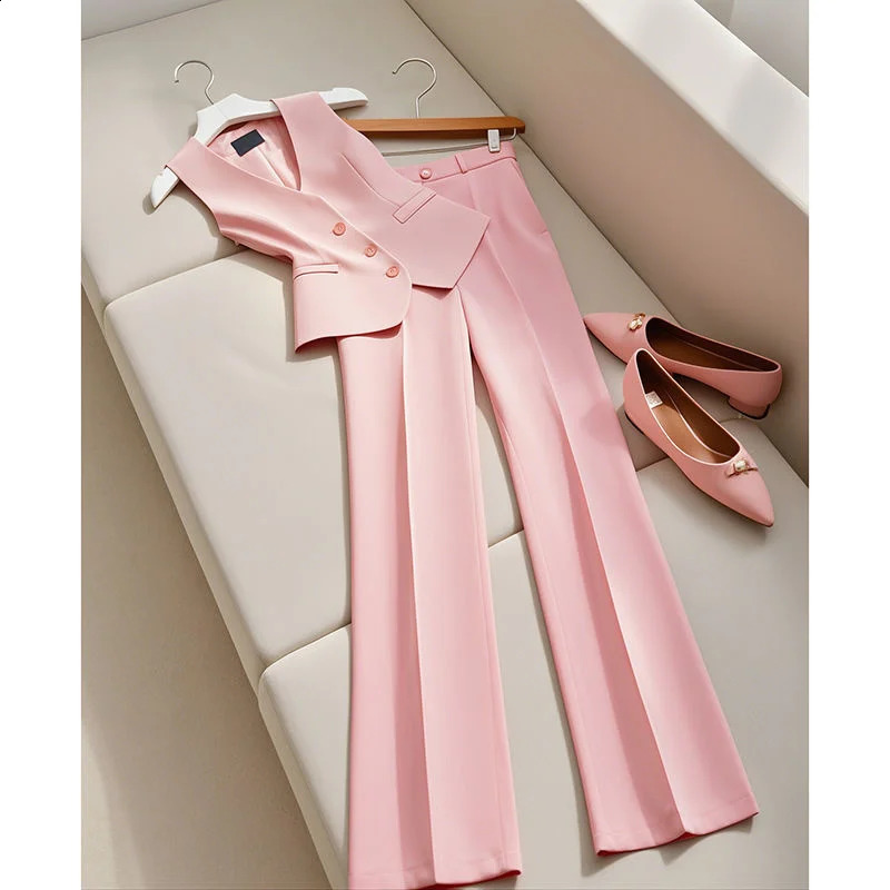Fashion Office Lady Suit Womens VNeck Single Breasted Blazer Vest High Waist Wide Leg Pants 2Piece Set Formal Outfits 268P 241205