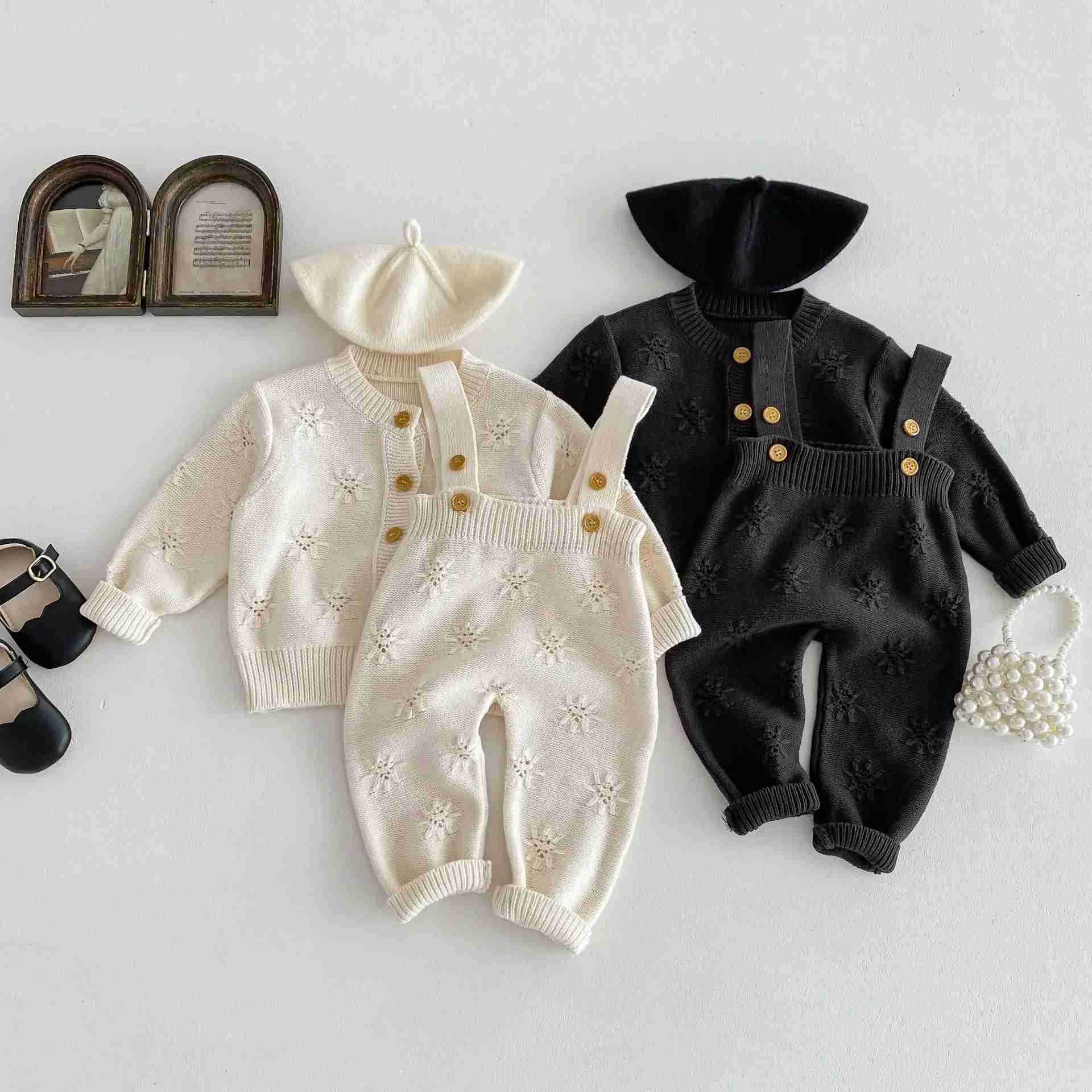 8972 Baby Clothes 2024 Spring New Solid Color Baby Girls Knitted Cardigan Coat Or Strap Pant Casual Two Piece SetXJ241205