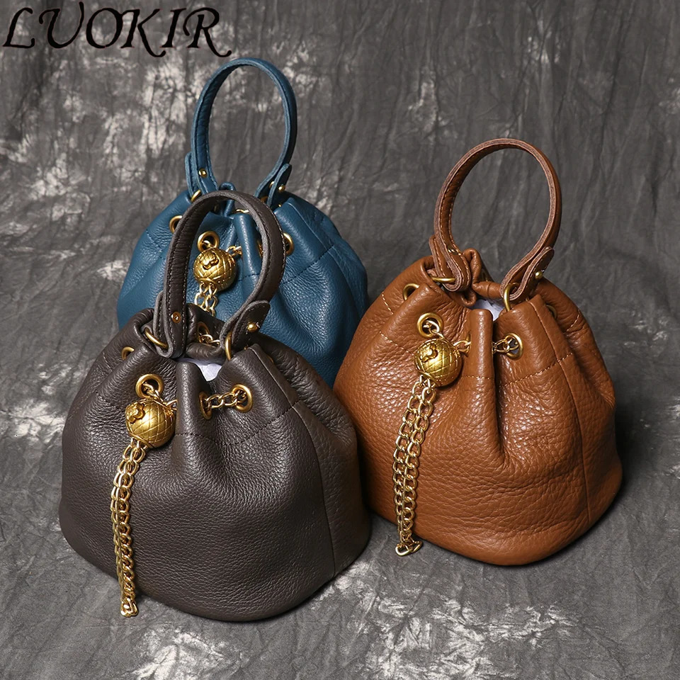 LUOKIR Metal Drawstring Versatile Womens Handbag Genuine Leather Chain Crossbody Bag Vintage Bucket Mobile Phone 241204