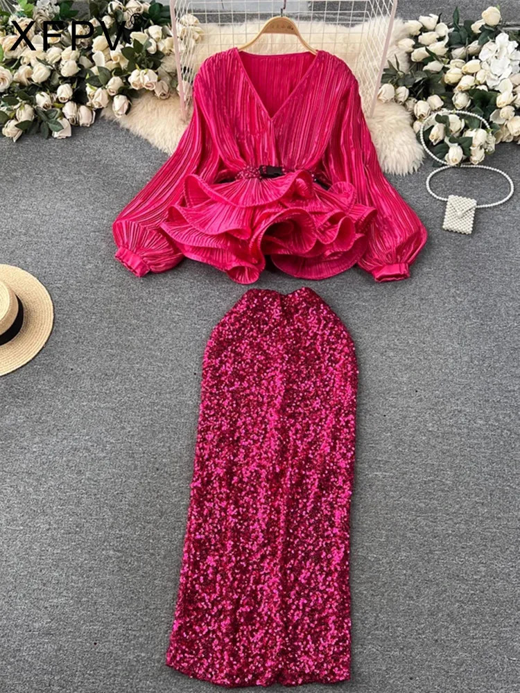 XFPV Women V-Neck Lantern Sleeve Ruffles Pleated Top Temperament High Waist A-line Skirt Two Piece Set Summer 2024 SM10901 241204