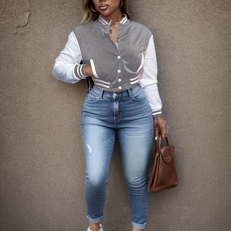 Spring and Autumn European and N Womens Color Matching Jacket Single-breasted Lettered Baseball Jacket 241205