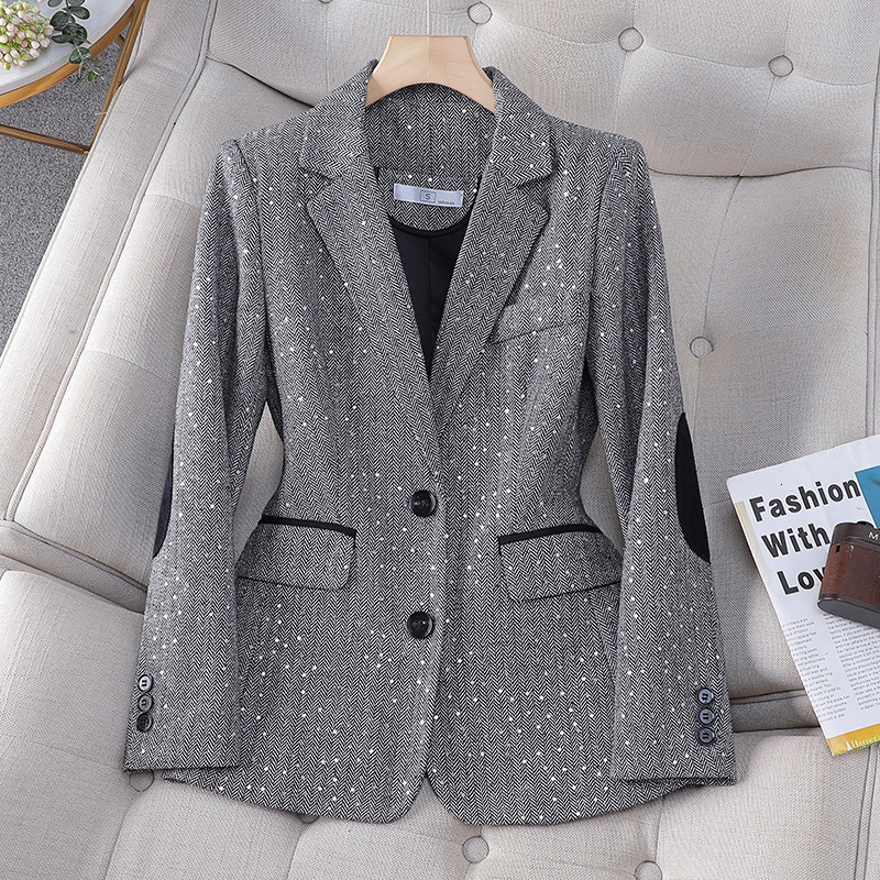 Spring Retro Gray Splice Plaid Sequins Blazers Coat For Women Brown Elegant Business Vintage Ladies Suit Jacket Fashion Y2k