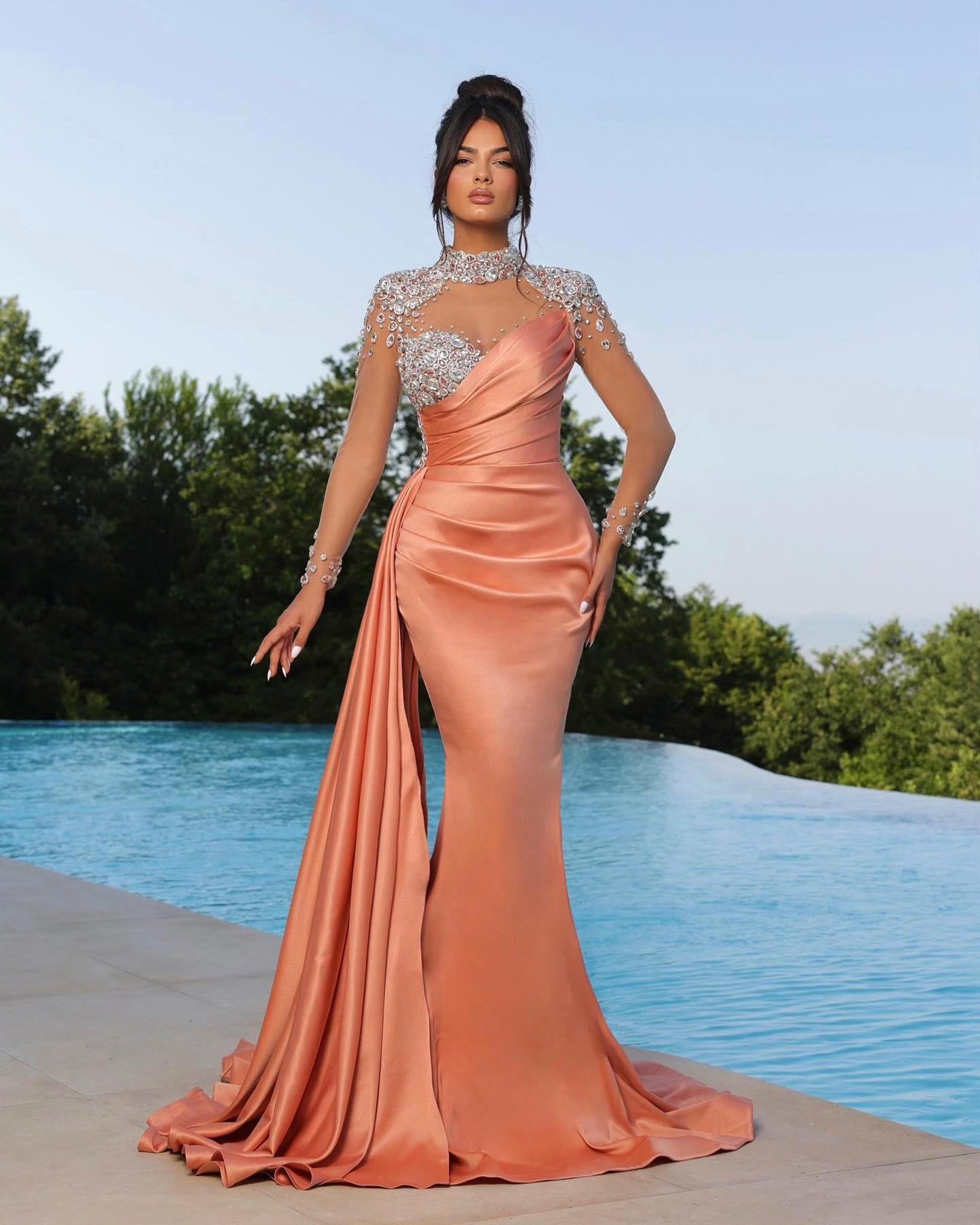 Elegant Black Peach Purple Mermaid Prom Dresses High Neck Sheer Appliques Beads Illusion Long Sleeve Pleats Ruffles Formal Occasion Evening dress BC16