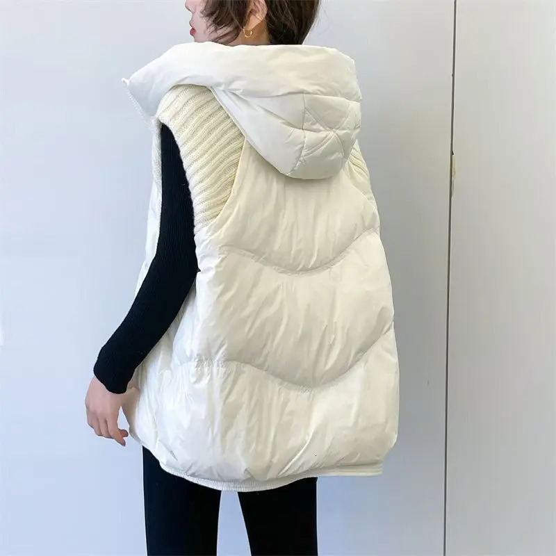 Autumn Winter Knitted Splicing Cotton Vest Jackets Women Loose Sleeveless Waistcoat Vest Coat Female Casual Ladies Tops 241205