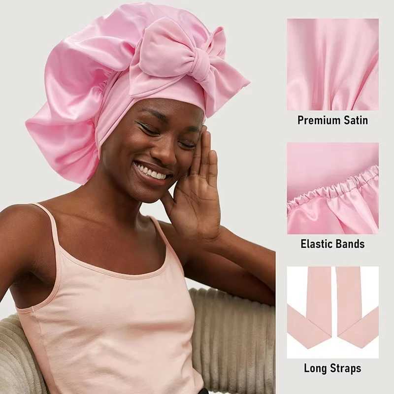 New Women Satin Solid Sleeping Hat Silky Bonnets With Tie Bands Elastic Shower C Adjustable C For Curly Hair BonnetsXJ241205